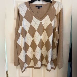 NWOT Tommy Hilfiger Women's V-Neck Argyle Sweater - Brown and Cream Size 2X